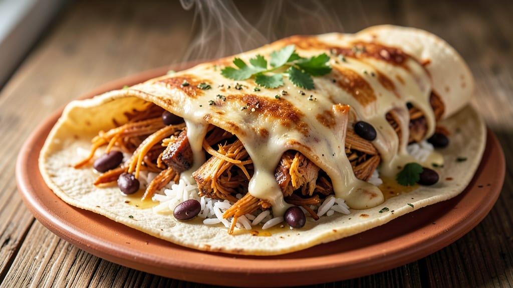 Baked Shredded Chicken Burrito Recipe: Crispy Tortilla Crowns Over Melty Cheese Streaks