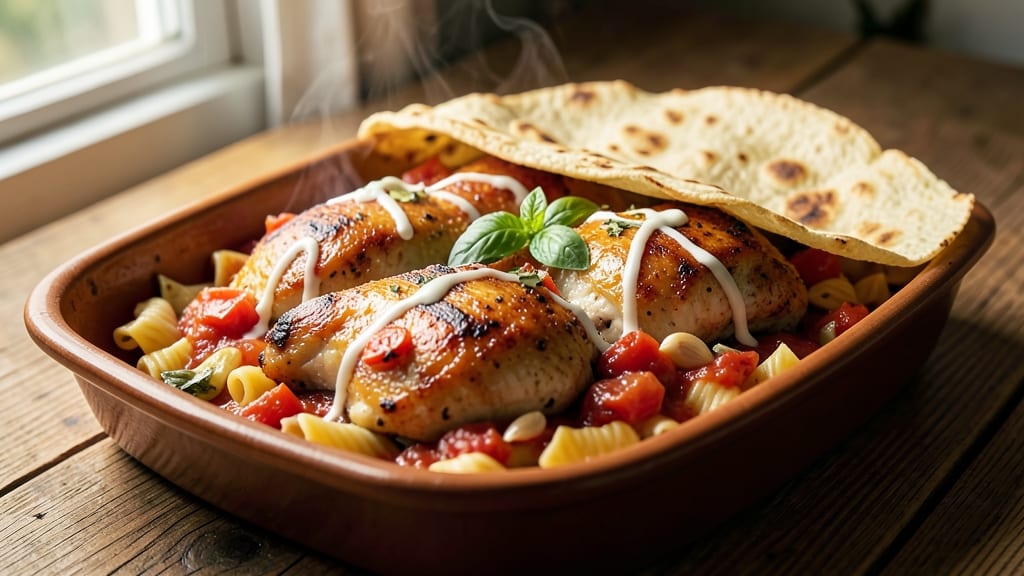 Baked Chicken Mostaccioli Recipe: Crispy Tortilla Crown Over Smoky Tomato-Cream Rivers