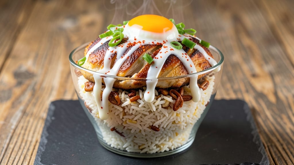 Bang Bang Chicken Fried Rice Stack Recipe: Crispy Egg Crowns Over Creamy Spice-Kissed Layers