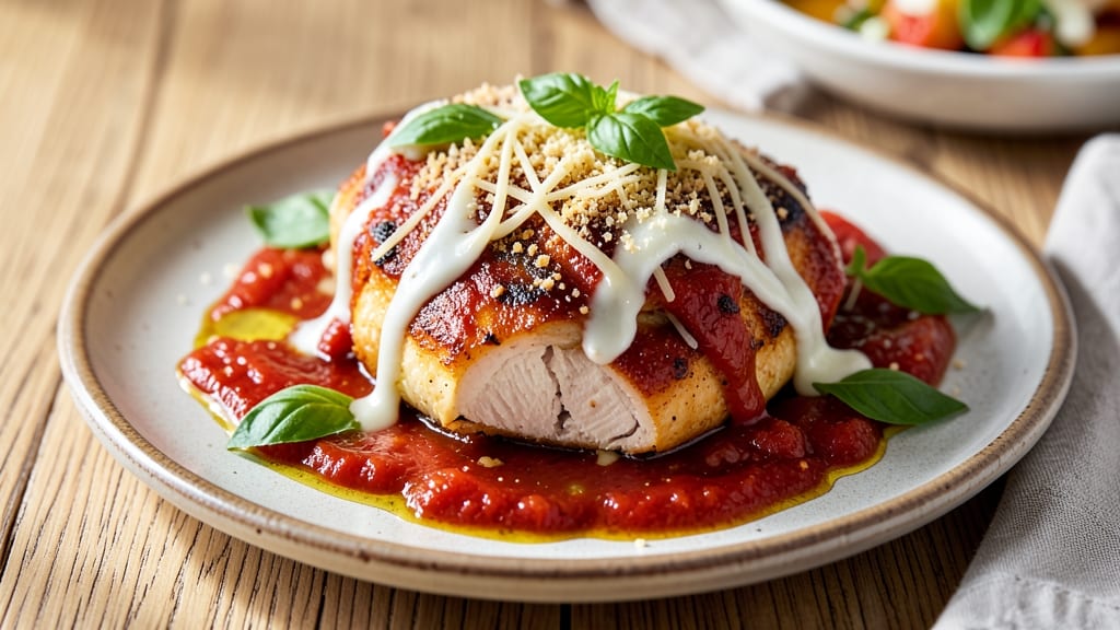 Baked Chicken Parmesan Recipe No Breadcrumbs: Crispy Tortilla Crown Over Melty Mozzarella Rivers